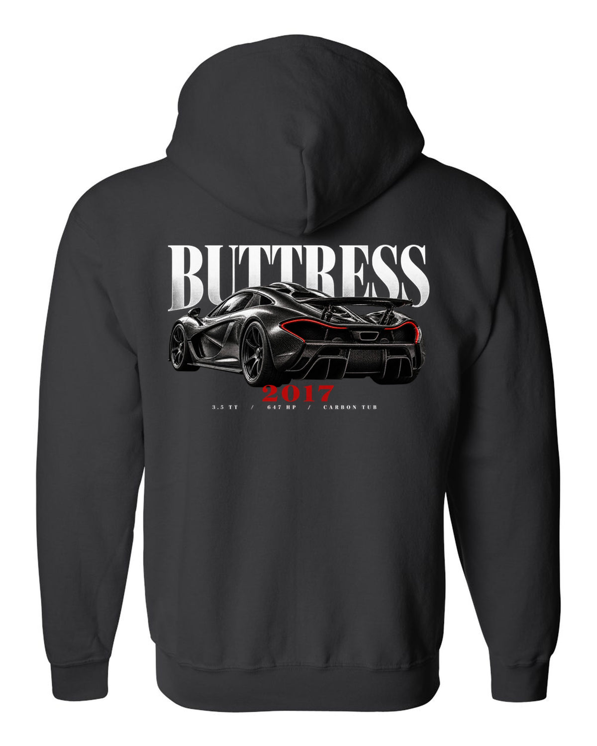 Ford GT 2017-22 buttress editorial print with 3.5 TT, 647 HP and carbon tub text black zip hoodie back view with the design