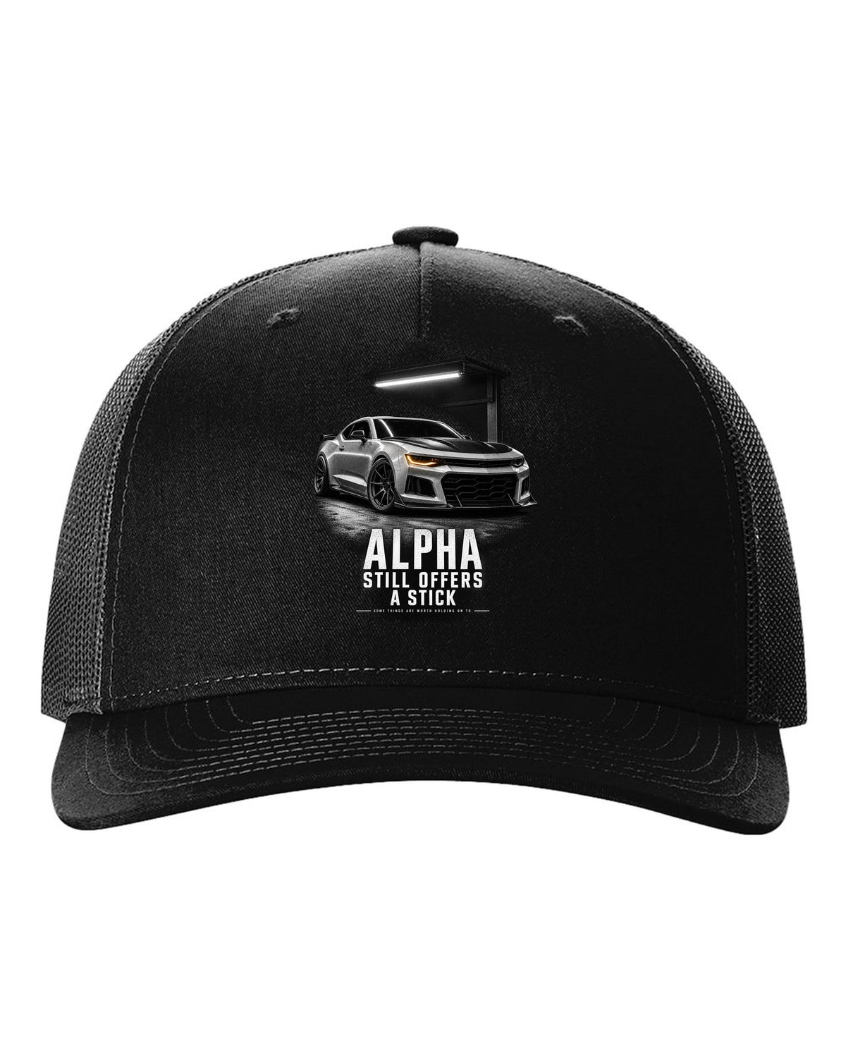 Garage-night print of a 2018 Chevrolet Camaro SS 1LE sixth-gen front three-quarter with Alpha text black hat front view with the design