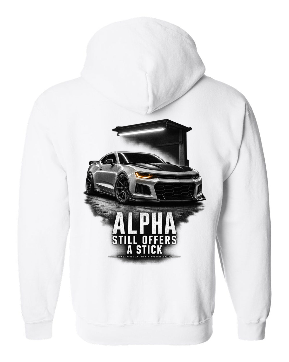 Garage-night print of a 2018 Chevrolet Camaro SS 1LE sixth-gen front three-quarter with Alpha text white zip hoodie back view with the design