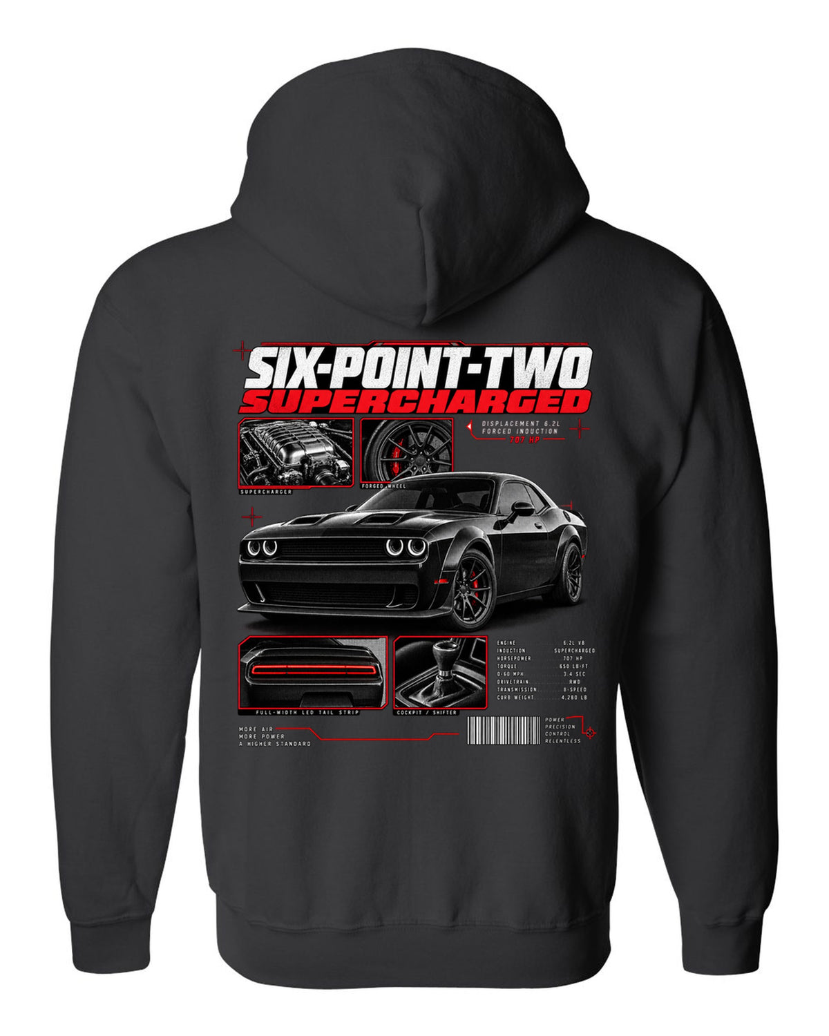 Dossier panel print of a 2018 Dodge Challenger LC/LA with 6.2 supercharged and 707 HP text black zip hoodie back view with the design