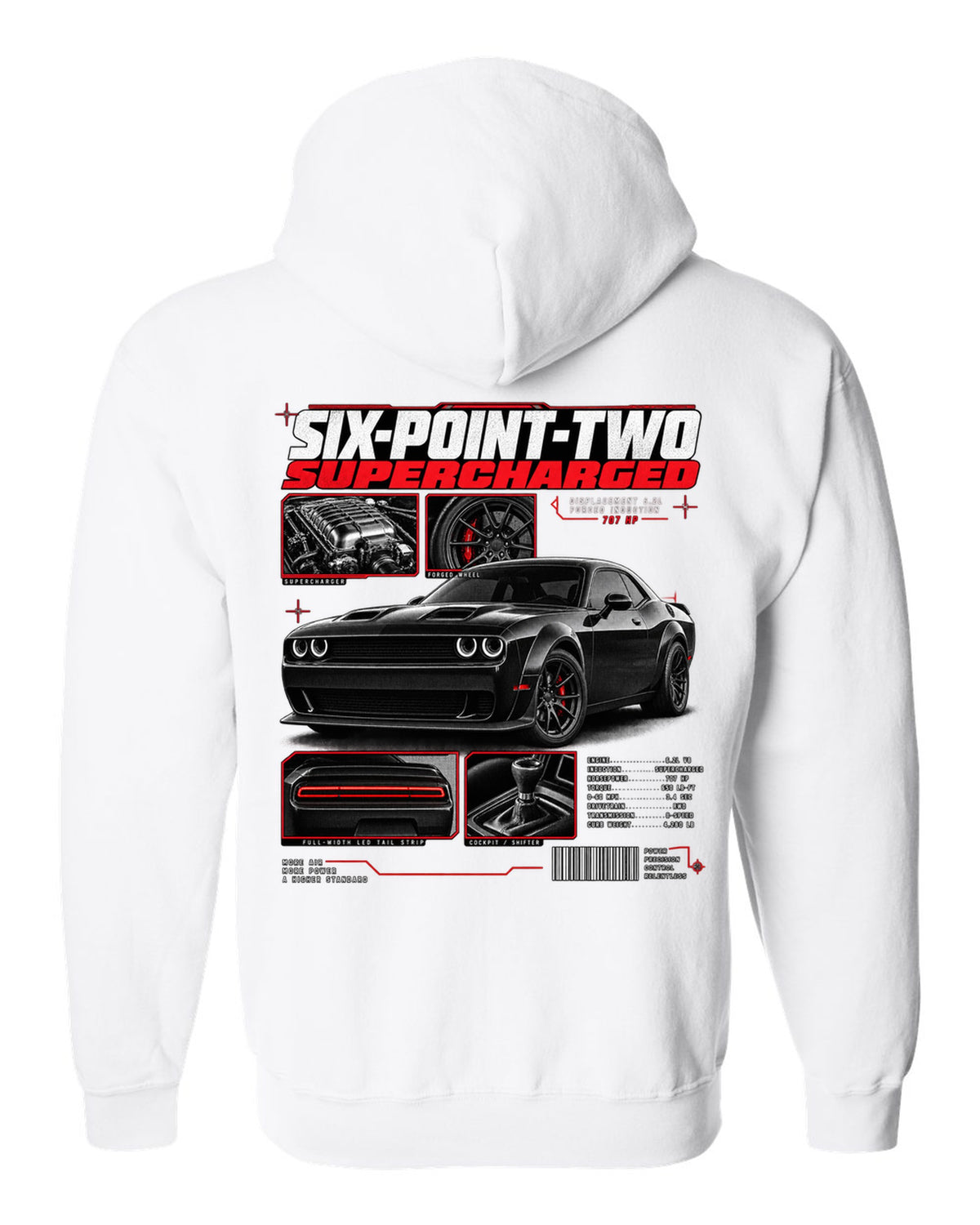 Dossier panel print of a 2018 Dodge Challenger LC/LA with 6.2 supercharged and 707 HP text white zip hoodie back view with the design