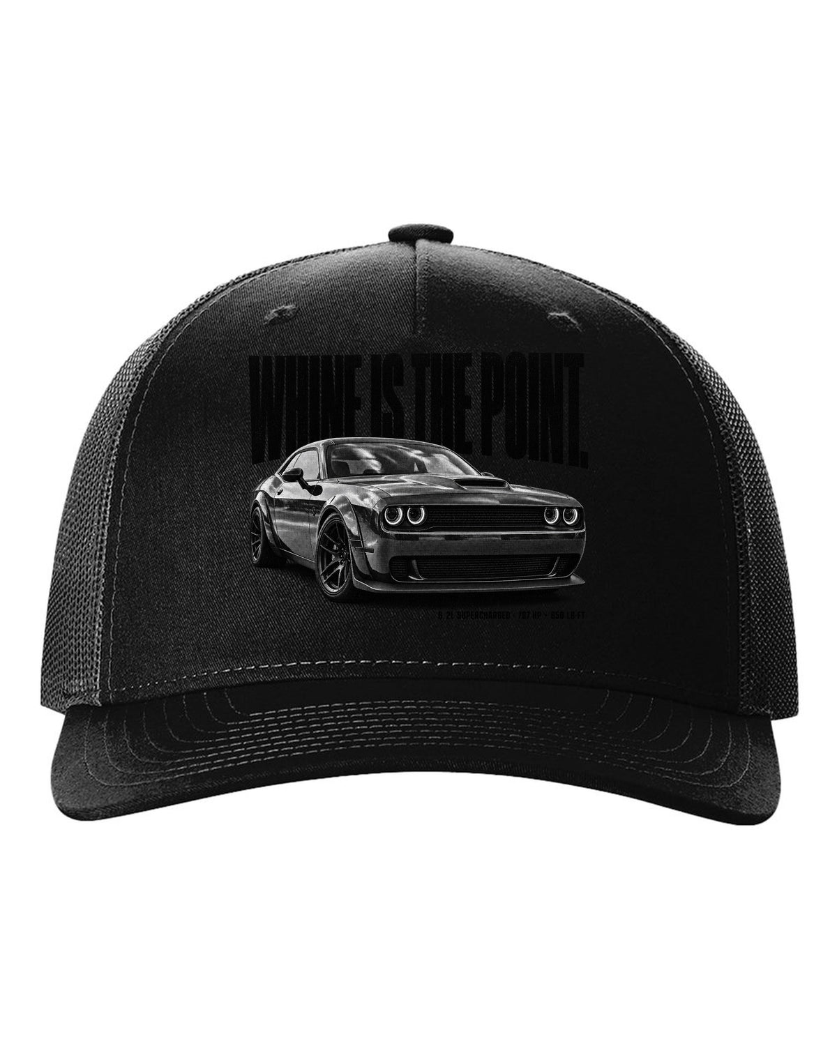 Halftone statement print of a 2018 Dodge Challenger Hellcat with whine is the point text black hat front view with the design