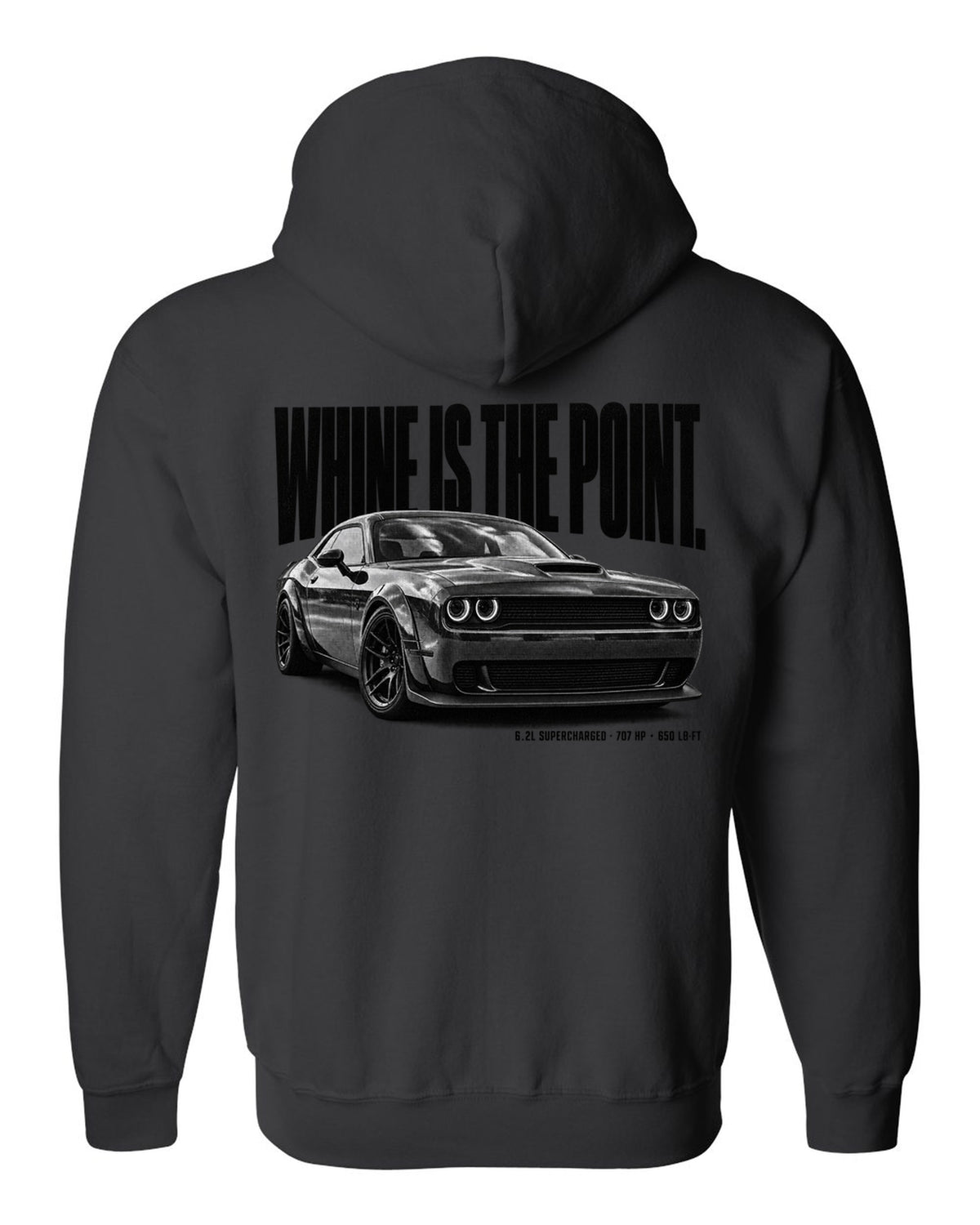 Halftone statement print of a 2018 Dodge Challenger Hellcat with whine is the point text black zip hoodie back view with the design
