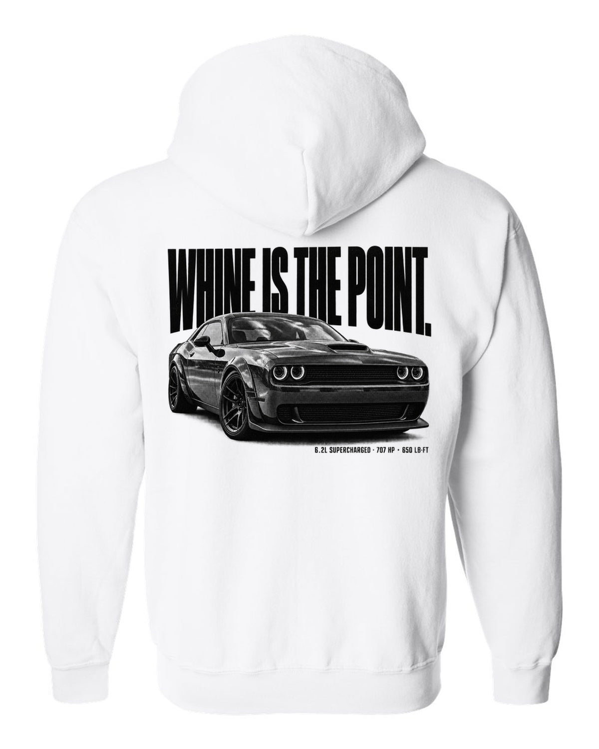 Halftone statement print of a 2018 Dodge Challenger Hellcat with whine is the point text white zip hoodie back view with the design