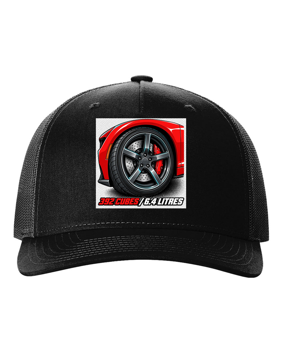 Bold monoline print with halftone shadow of a 2018 Dodge Challenger SRT 392 black hat front view with the design