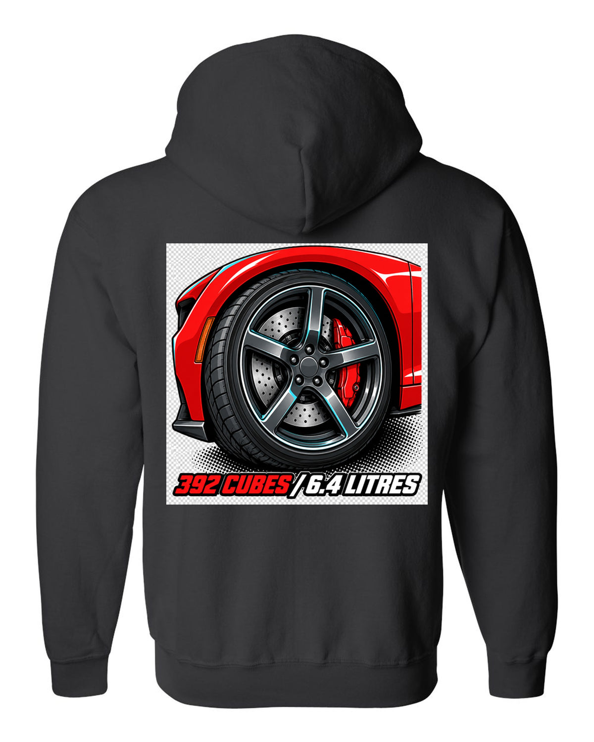 Bold monoline print with halftone shadow of a 2018 Dodge Challenger SRT 392 black zip hoodie back view with the design