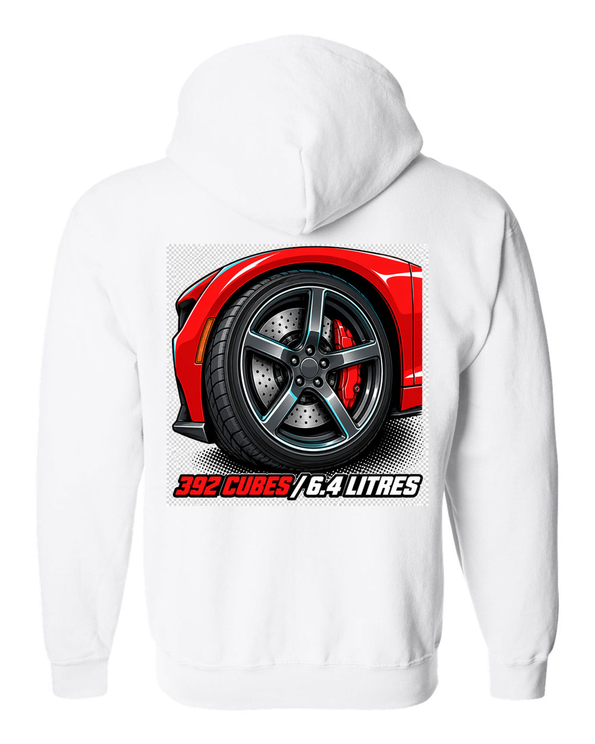 Bold monoline print with halftone shadow of a 2018 Dodge Challenger SRT 392 white zip hoodie back view with the design