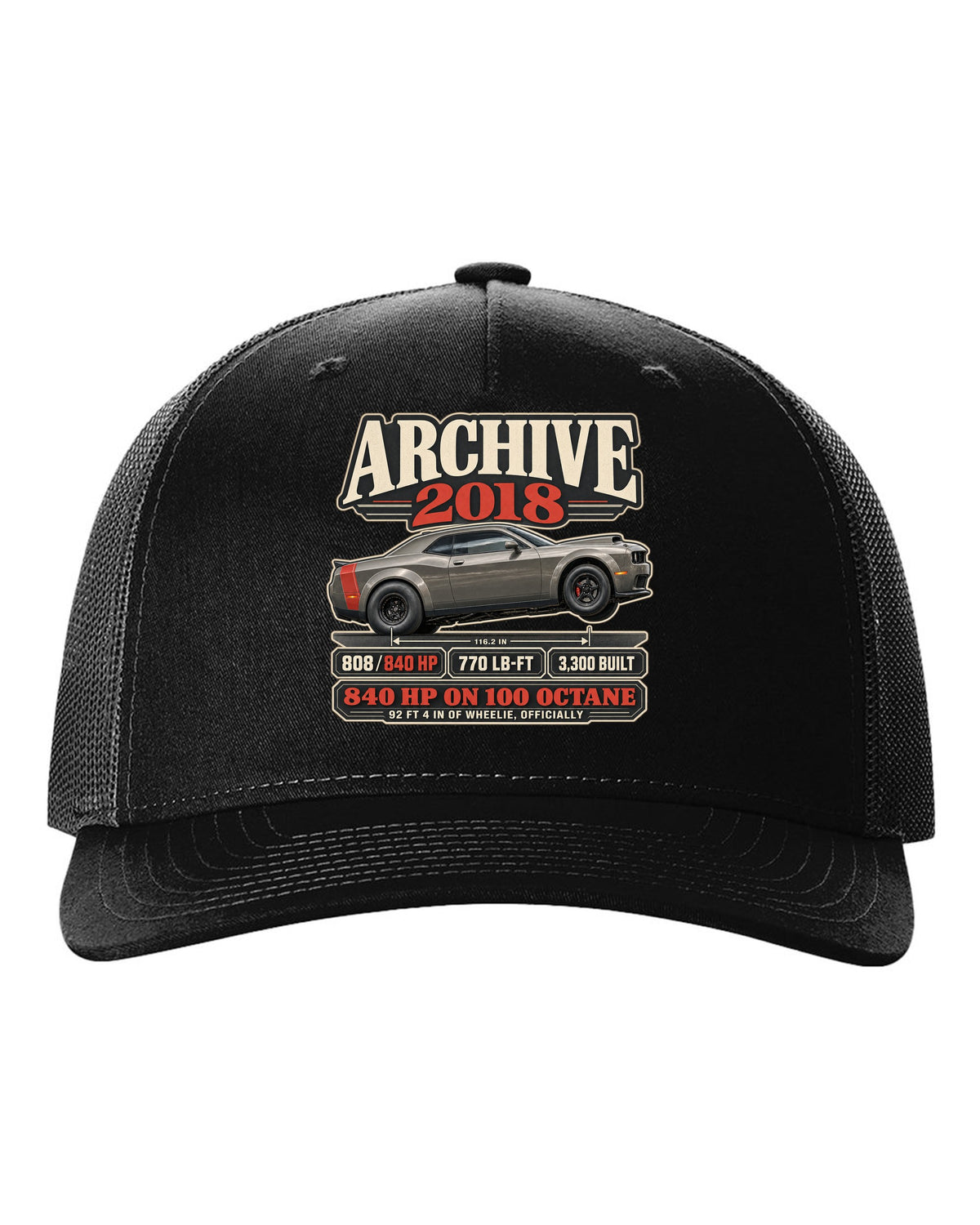 2018 Dodge Challenger SRT Demon archive panel print with 840 HP and wheelie record black hat front view with the design