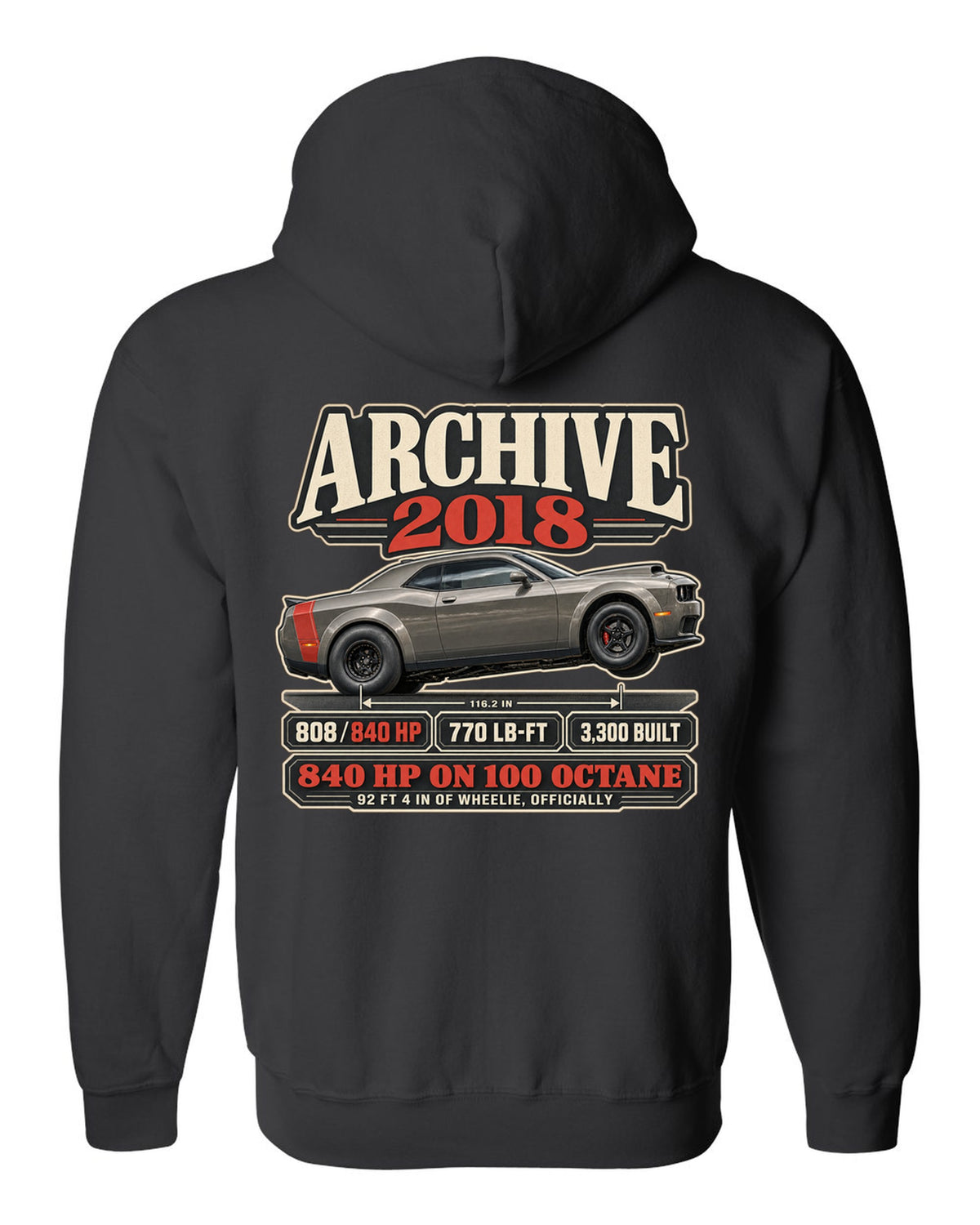 2018 Dodge Challenger SRT Demon archive panel print with 840 HP and wheelie record black zip hoodie back view with the design