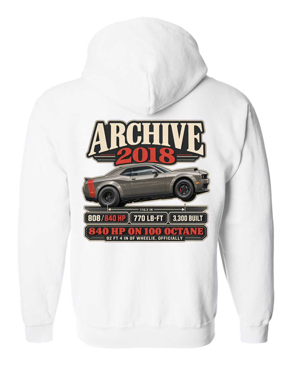 2018 Dodge Challenger SRT Demon archive panel print with 840 HP and wheelie record white zip hoodie back view with the design