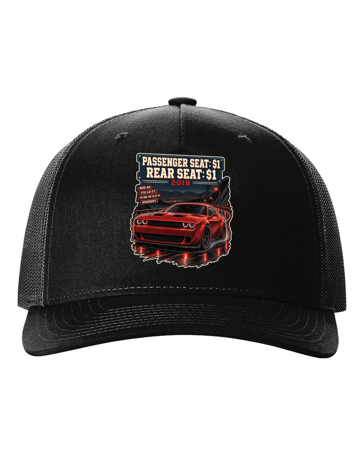 2018 Dodge Challenger SRT Demon on a night street print with seat price text black hat front view with the design