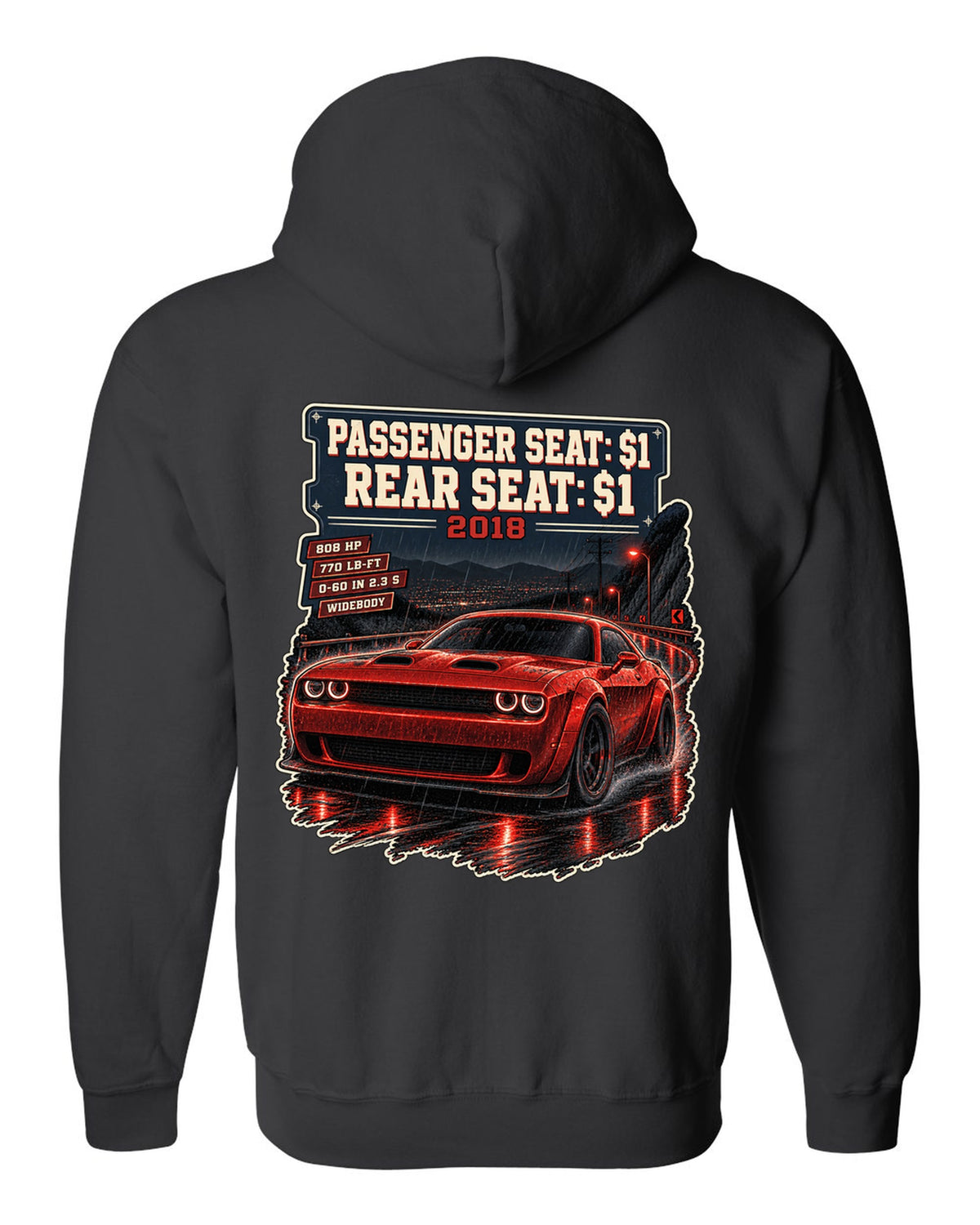 2018 Dodge Challenger SRT Demon on a night street print with seat price text black zip hoodie back view with the design