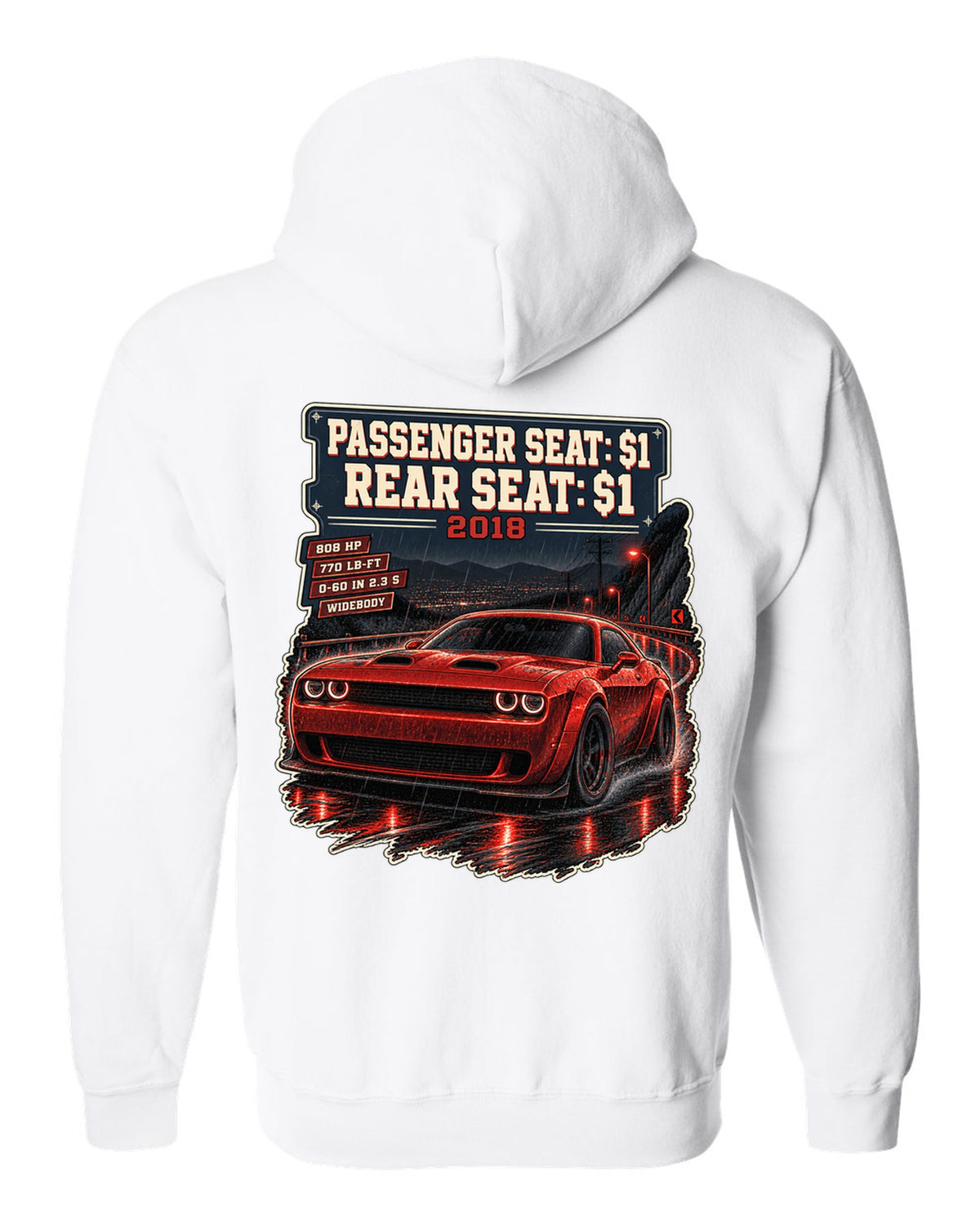 2018 Dodge Challenger SRT Demon on a night street print with seat price text white zip hoodie back view with the design