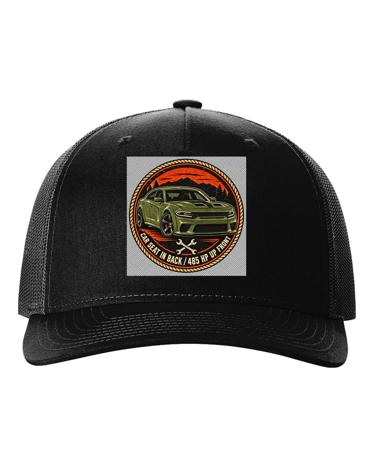 Vintage mechanic roundel patch design of a 2018 Dodge Charger Scat Pack with car seat caption black hat front view with the design