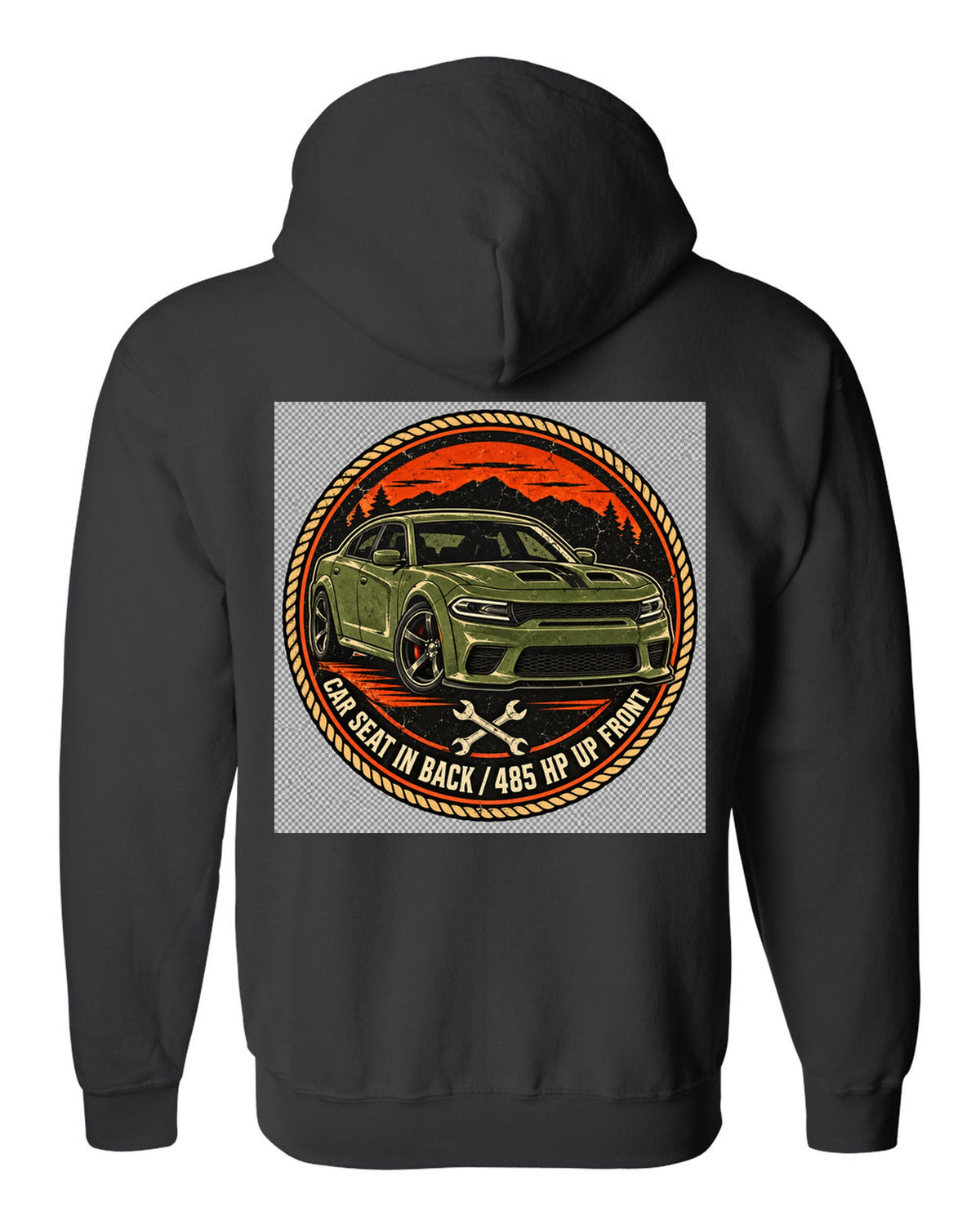 Vintage mechanic roundel patch design of a 2018 Dodge Charger Scat Pack with car seat caption black zip hoodie back view with the design