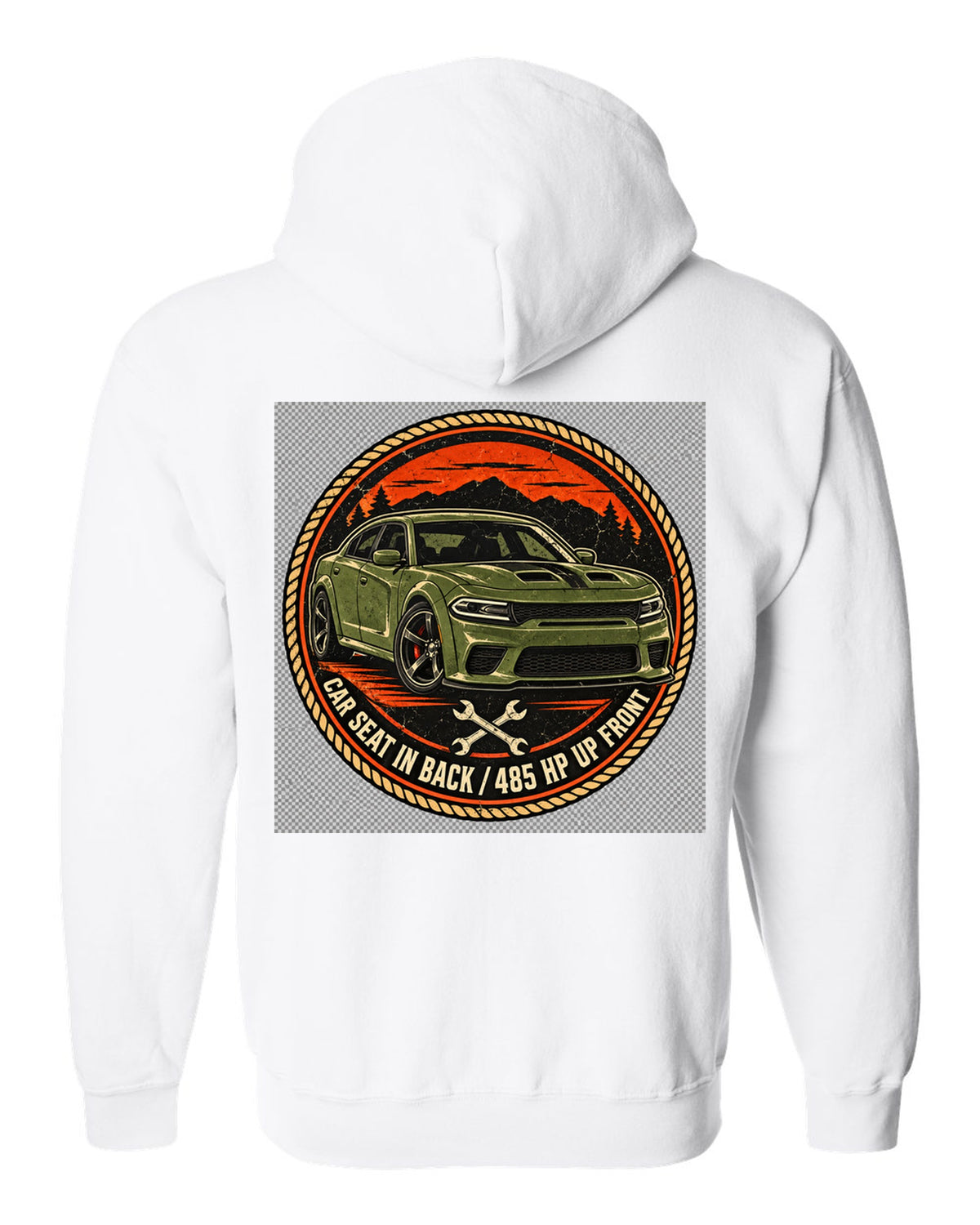 Vintage mechanic roundel patch design of a 2018 Dodge Charger Scat Pack with car seat caption white zip hoodie back view with the design