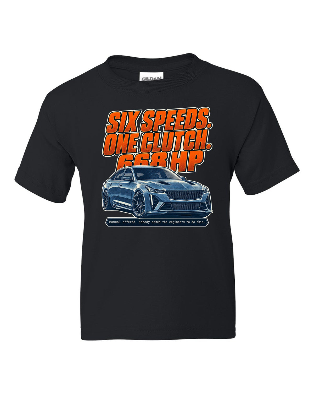Halftone print of a Cadillac CT5-V Blackwing with six-speed manual text black kids tee front view with the design
