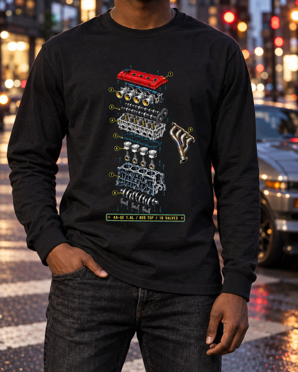 Toyota AE86 Corolla Levin 4A-GE Exploded Blueprint Tee Long Sleeve Black worn hero