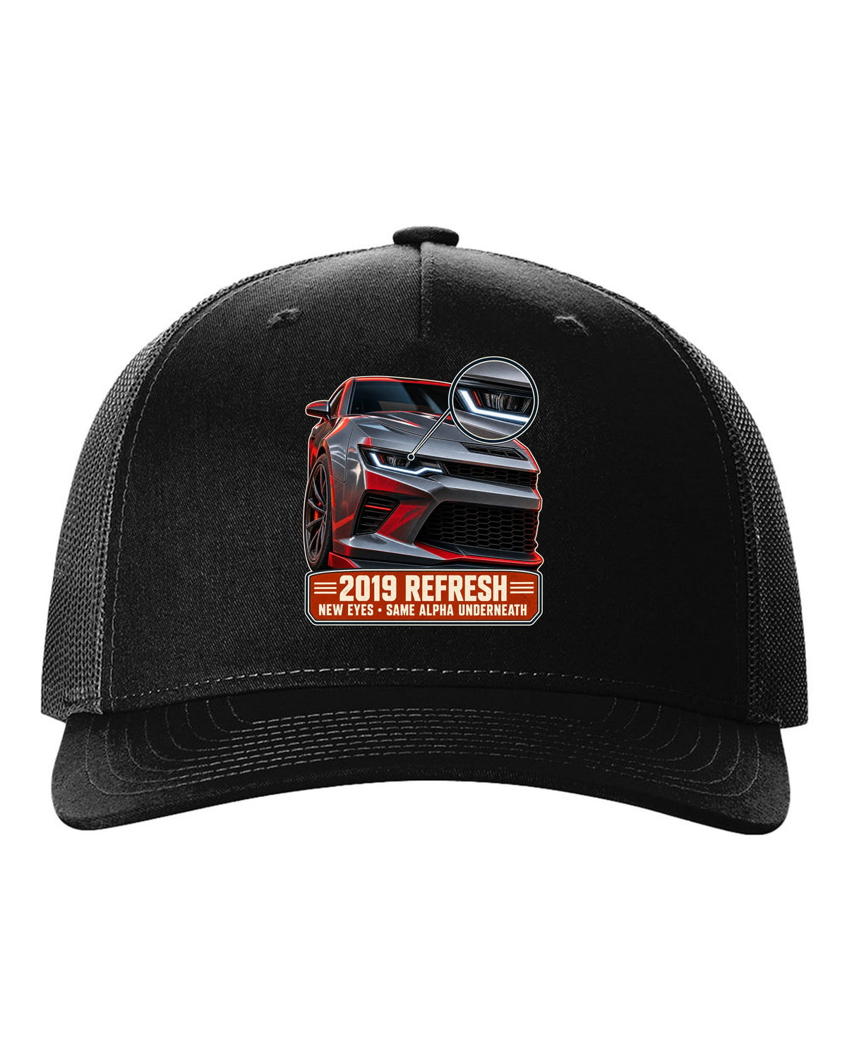 Macro detail print of a 2019 Chevrolet Camaro SS refresh black hat front view with the design