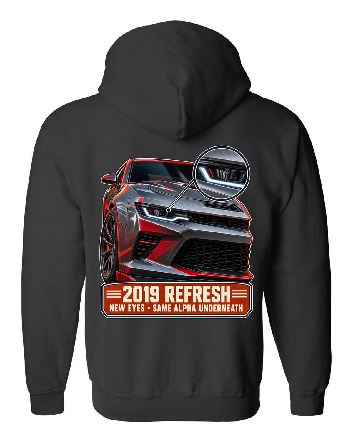 Macro detail print of a 2019 Chevrolet Camaro SS refresh black zip hoodie back view with the design
