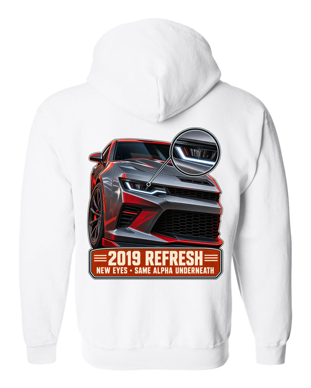 Macro detail print of a 2019 Chevrolet Camaro SS refresh white zip hoodie back view with the design