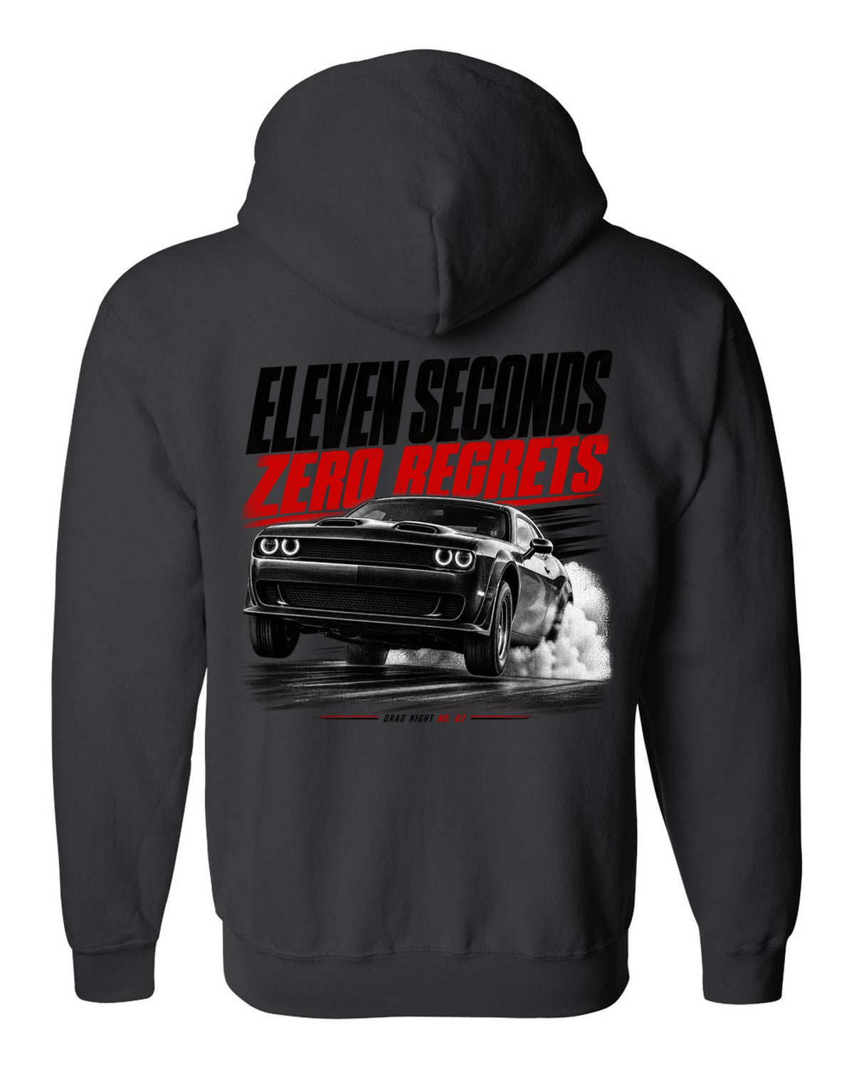 Race poster print of a 2019 Dodge Challenger Hellcat Redeye for Drag Night No. 07 black zip hoodie back view with the design