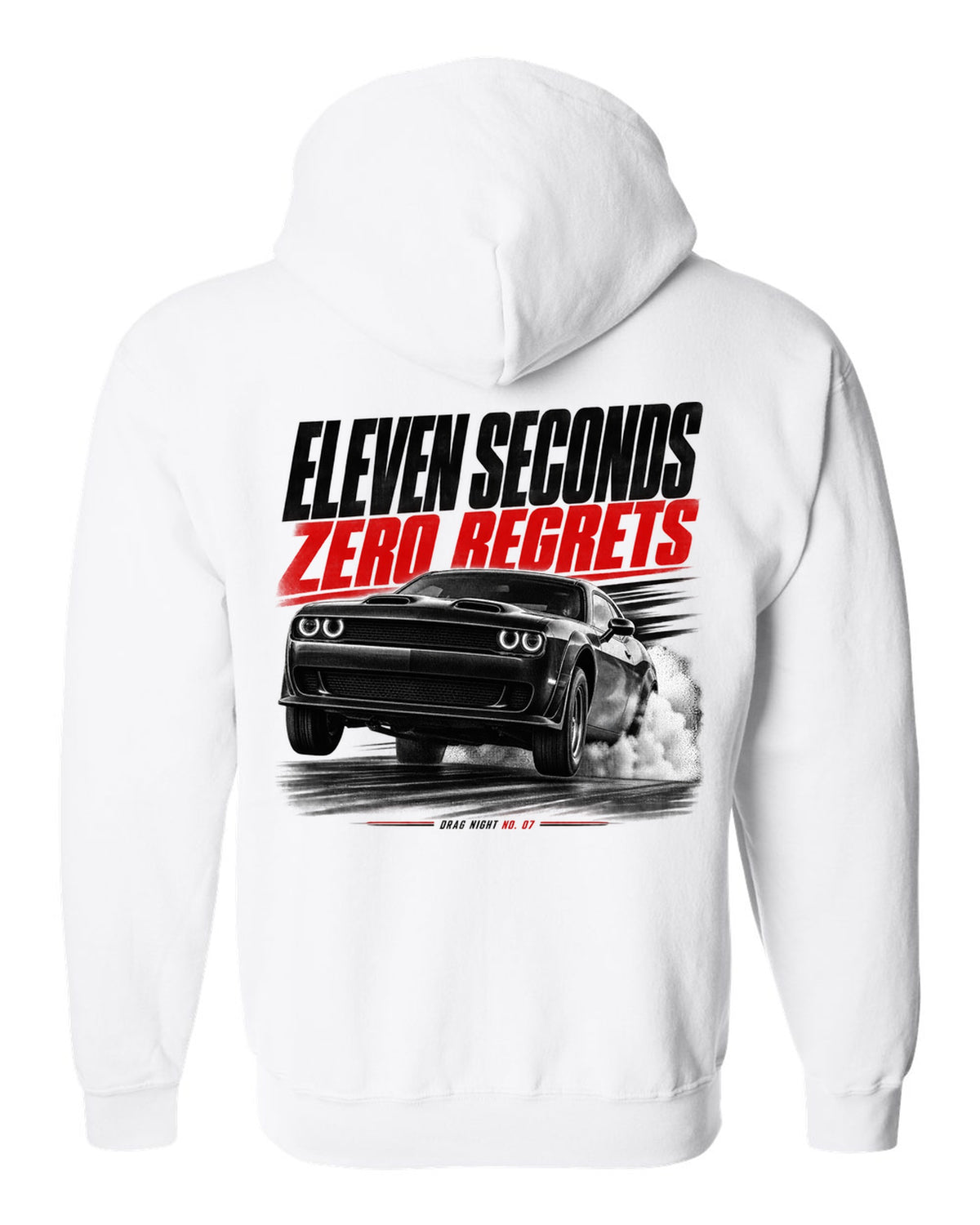 Race poster print of a 2019 Dodge Challenger Hellcat Redeye for Drag Night No. 07 white zip hoodie back view with the design