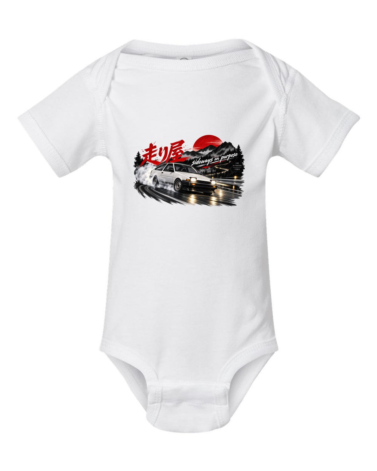 VW Golf Mk2 16V front three-quarter sliding at night with touge kanji white baby onesie front view with the design