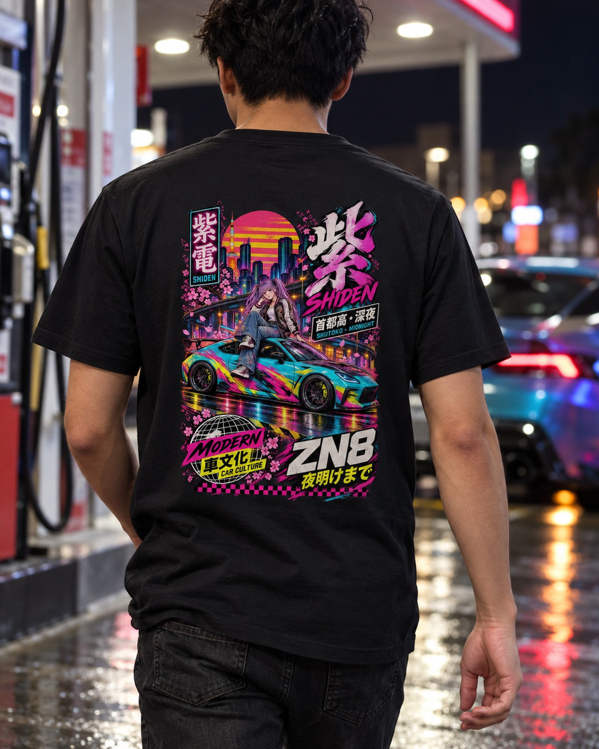 SHIDEN ZN8 Anime Girl Full-Back Graphic Tee T-Shirt Black worn hero