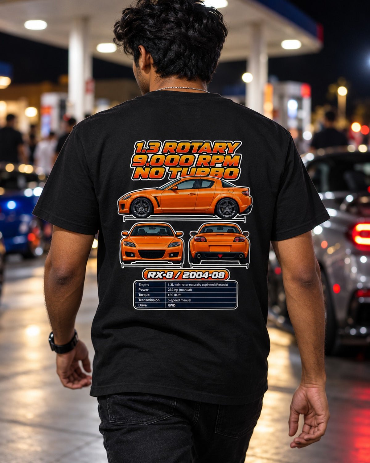 Mazda Rx 8 Spec Sheet Full-Back Graphic Tee T-Shirt Black worn hero