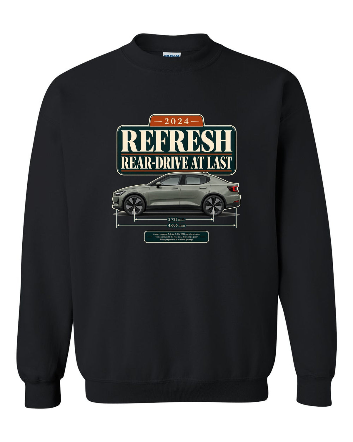 Polestar 2 2024 refresh editorial headline print on a shirt black crewneck front view with the design