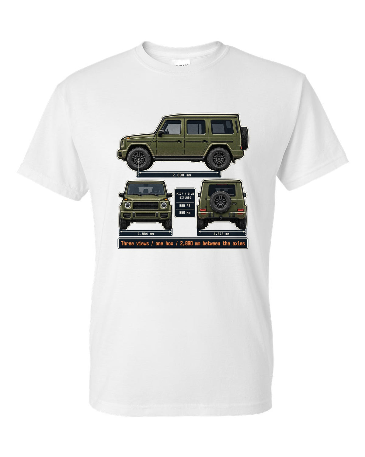 Three-view dossier print of a Mercedes-AMG G63 W463A white t-shirt front view with the design