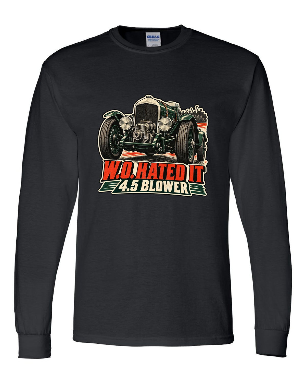 Vintage race poster style print of the 1929 Bentley 4.5 Litre Blower with W.O. lettering black long sleeve front view with the design