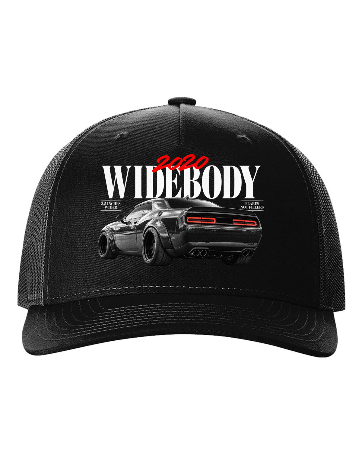 Editorial headline print of a 2020 Dodge Challenger Scat Pack Widebody with 3.5 inches wider text black hat front view with the design