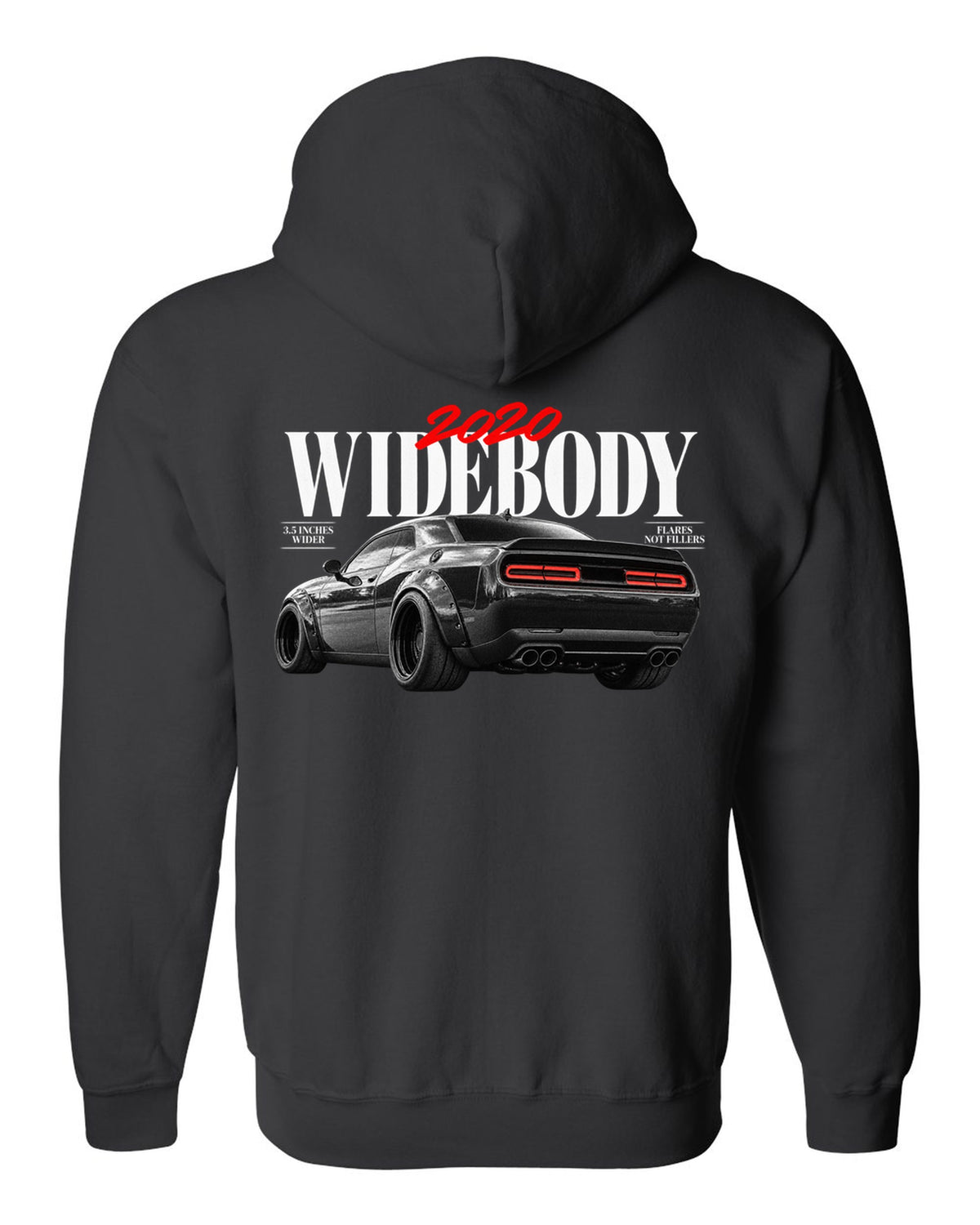 Editorial headline print of a 2020 Dodge Challenger Scat Pack Widebody with 3.5 inches wider text black zip hoodie back view with the design