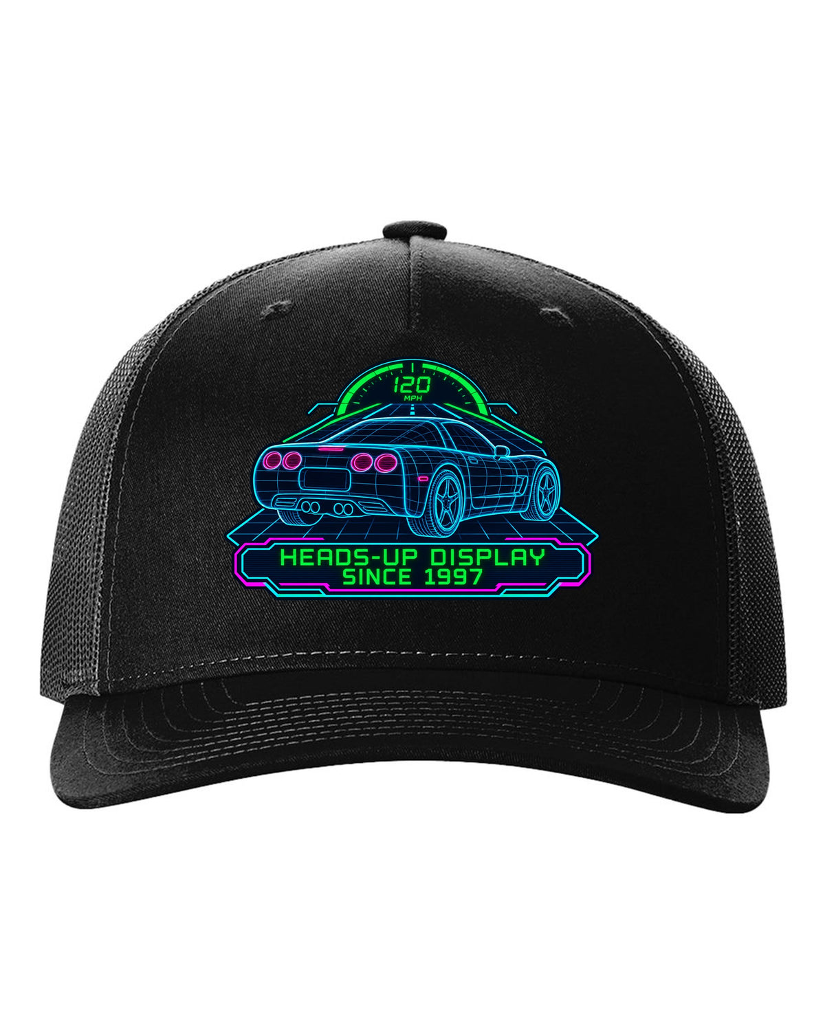 Hand-drawn doodle print of a 2020 Chevrolet Corvette C8 Stingray with heads-up display since 1997 lettering black hat front view with the design