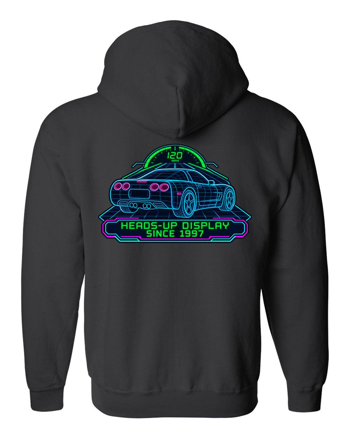 Hand-drawn doodle print of a 2020 Chevrolet Corvette C8 Stingray with heads-up display since 1997 lettering black zip hoodie back view with the design