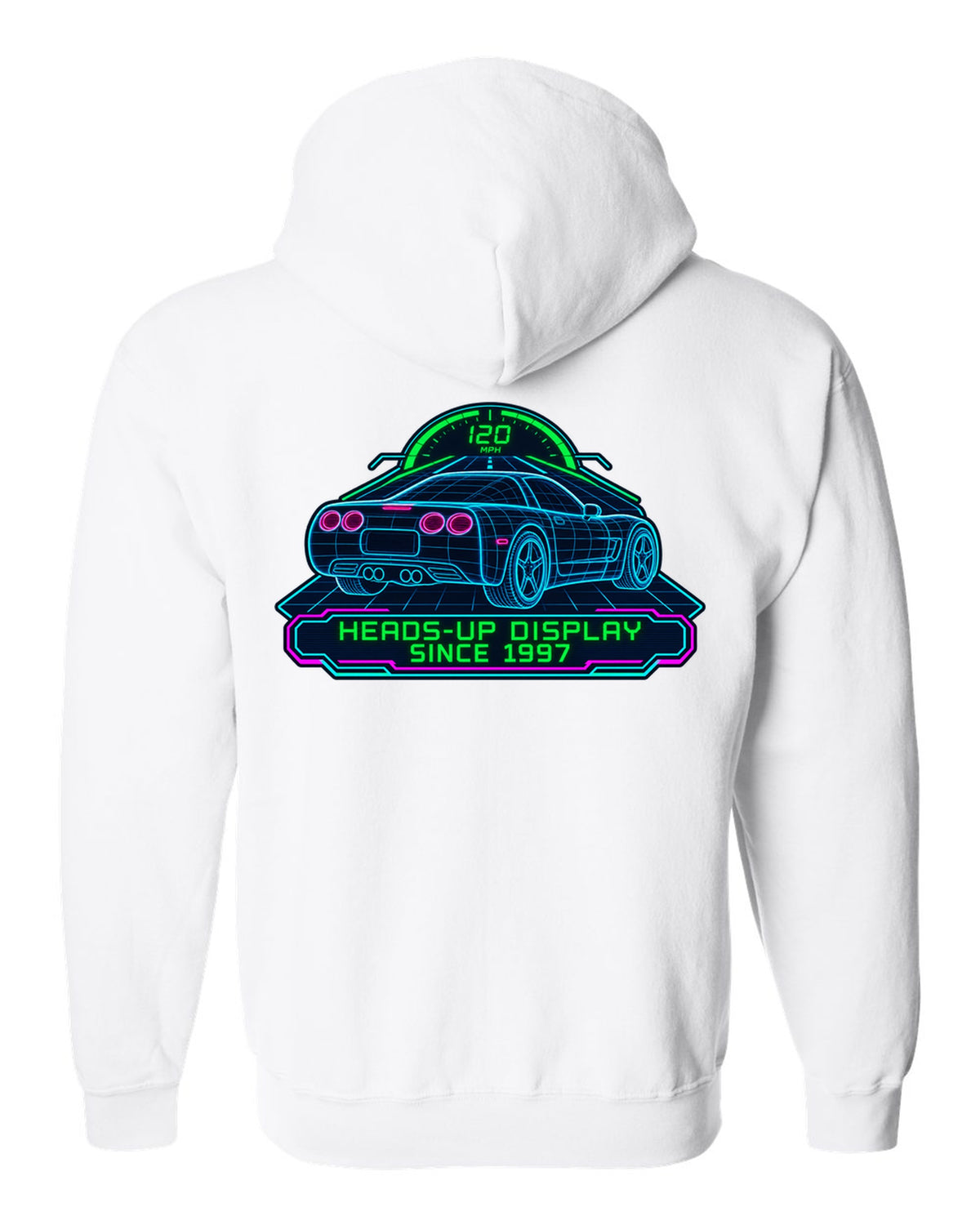 Hand-drawn doodle print of a 2020 Chevrolet Corvette C8 Stingray with heads-up display since 1997 lettering white zip hoodie back view with the design