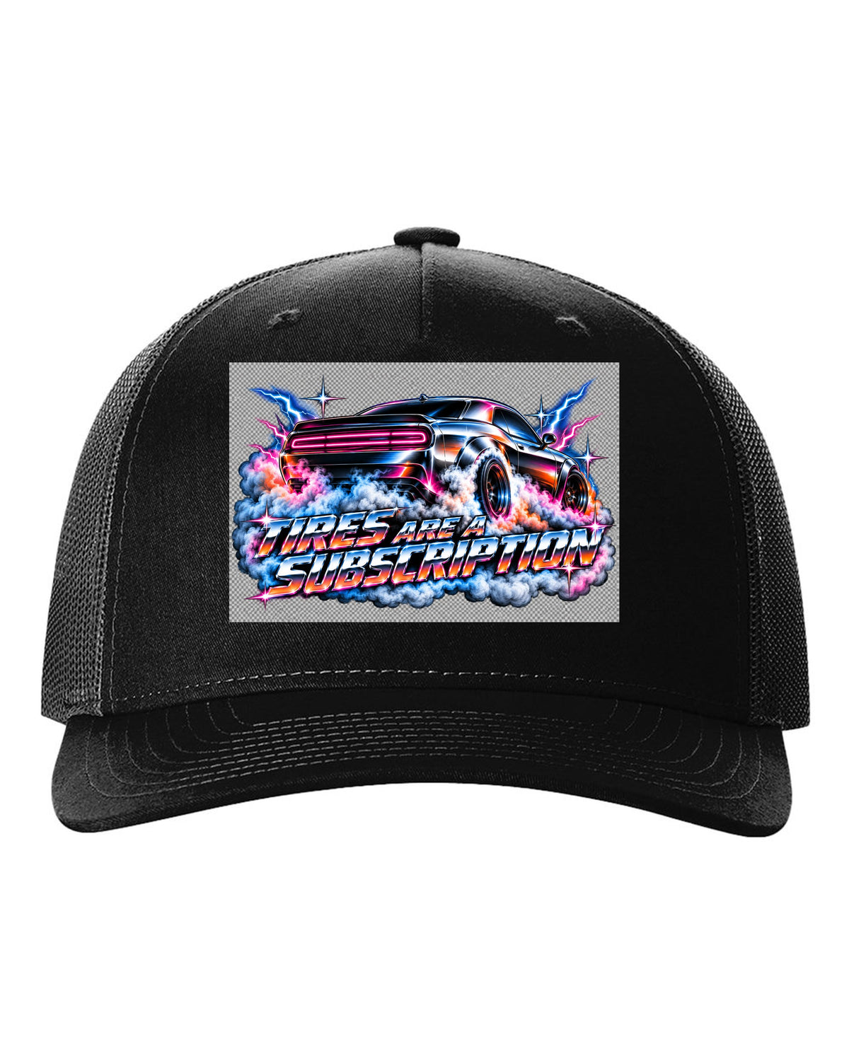80s airbrush chrome illustration of a 2020 Dodge Challenger Scat Pack 392 Widebody doing a burnout black hat front view with the design