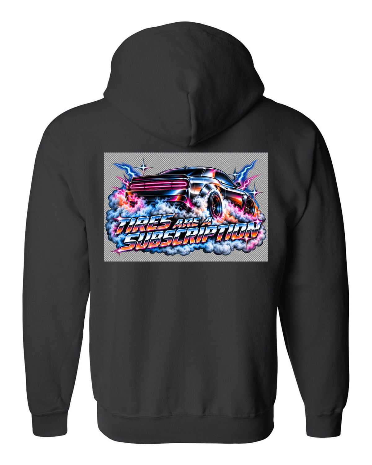 80s airbrush chrome illustration of a 2020 Dodge Challenger Scat Pack 392 Widebody doing a burnout black zip hoodie back view with the design