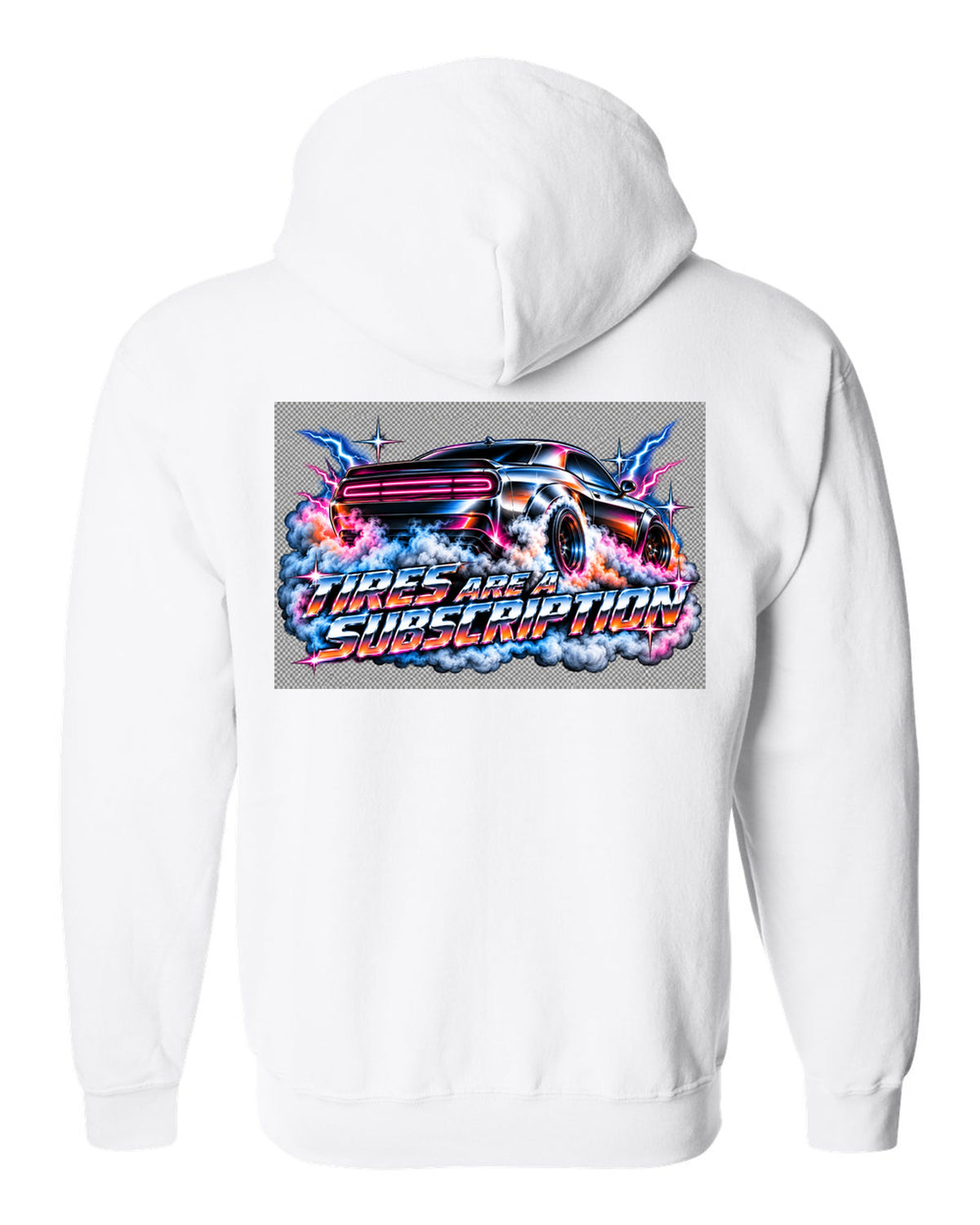 80s airbrush chrome illustration of a 2020 Dodge Challenger Scat Pack 392 Widebody doing a burnout white zip hoodie back view with the design