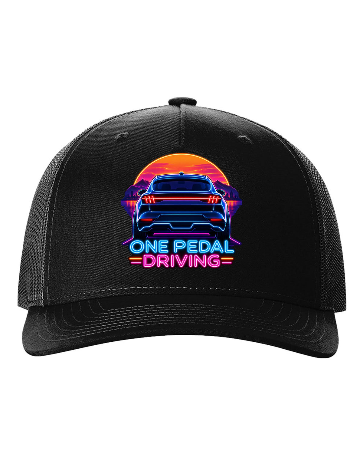 Neon sign print of the 2020 Mustang Mach-E CX727 tail bar reading One Pedal Driving black hat front view with the design
