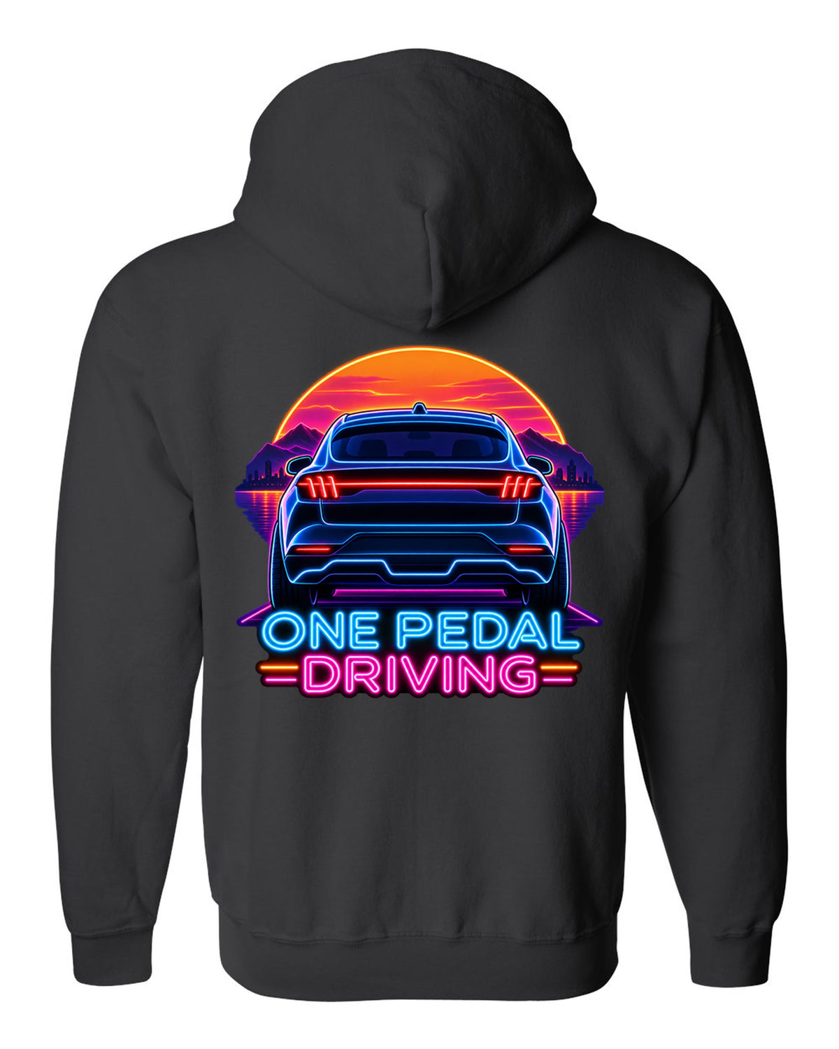 Neon sign print of the 2020 Mustang Mach-E CX727 tail bar reading One Pedal Driving black zip hoodie back view with the design