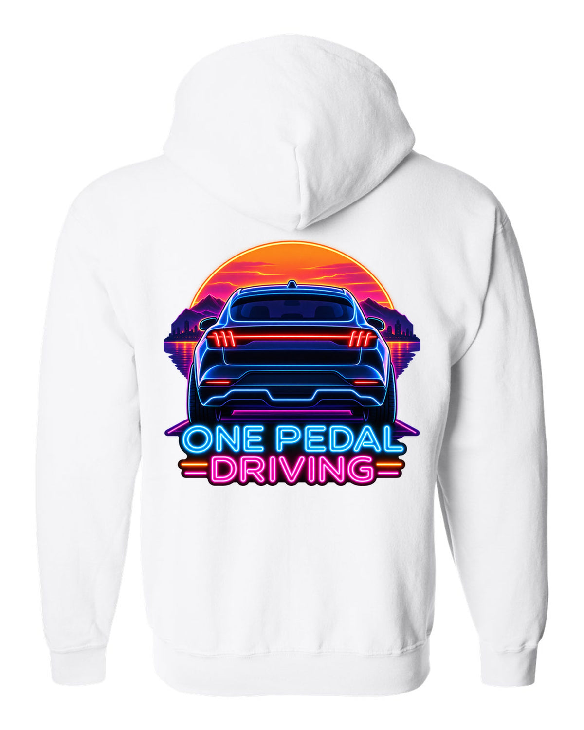Neon sign print of the 2020 Mustang Mach-E CX727 tail bar reading One Pedal Driving white zip hoodie back view with the design