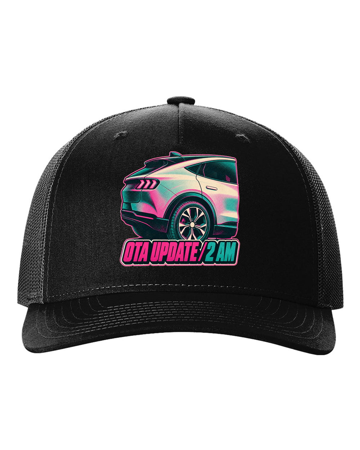 Risograph halftone wheel print of a 2020 Mustang Mach-E CX727 reading OTA Update 2 AM black hat front view with the design