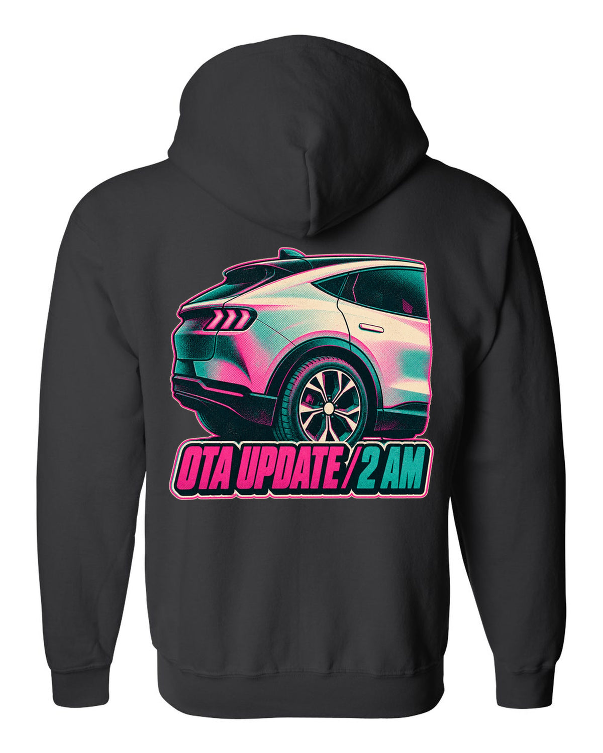 Risograph halftone wheel print of a 2020 Mustang Mach-E CX727 reading OTA Update 2 AM black zip hoodie back view with the design