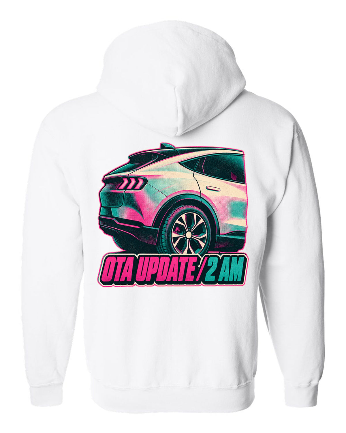 Risograph halftone wheel print of a 2020 Mustang Mach-E CX727 reading OTA Update 2 AM white zip hoodie back view with the design