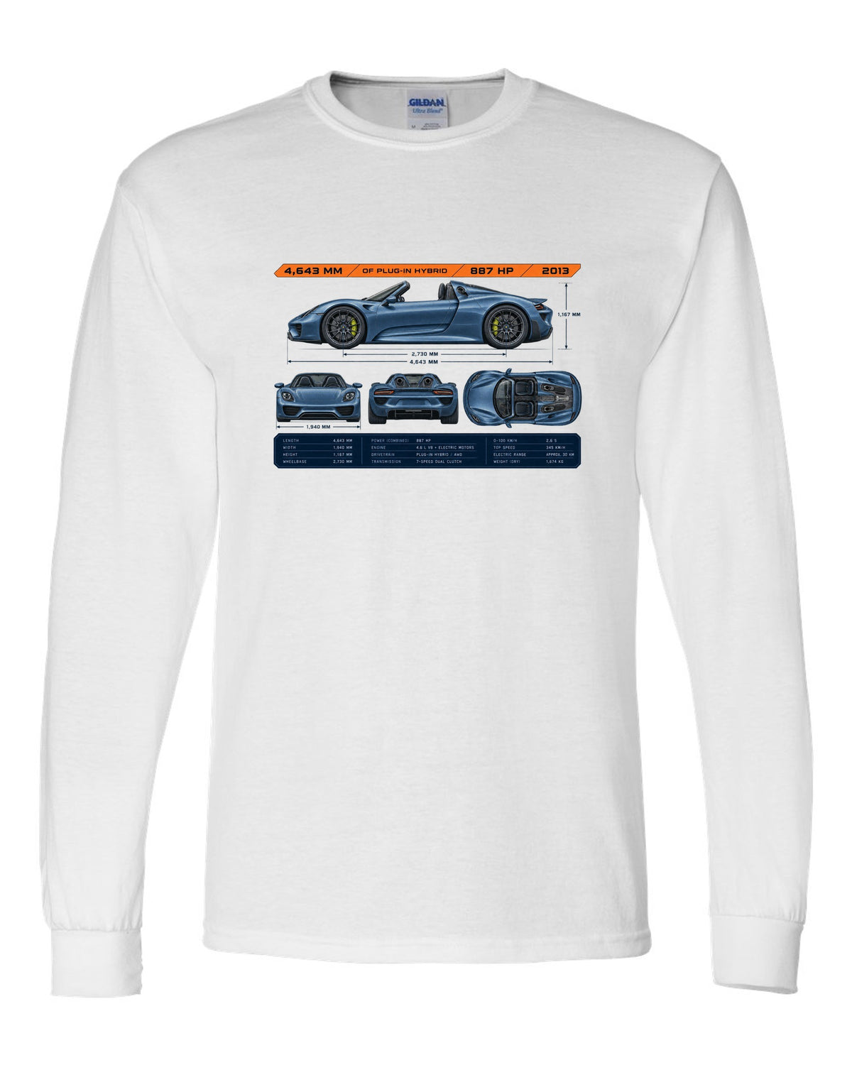 Porsche 918 Spyder dimension blueprint print design white long sleeve front view with the design