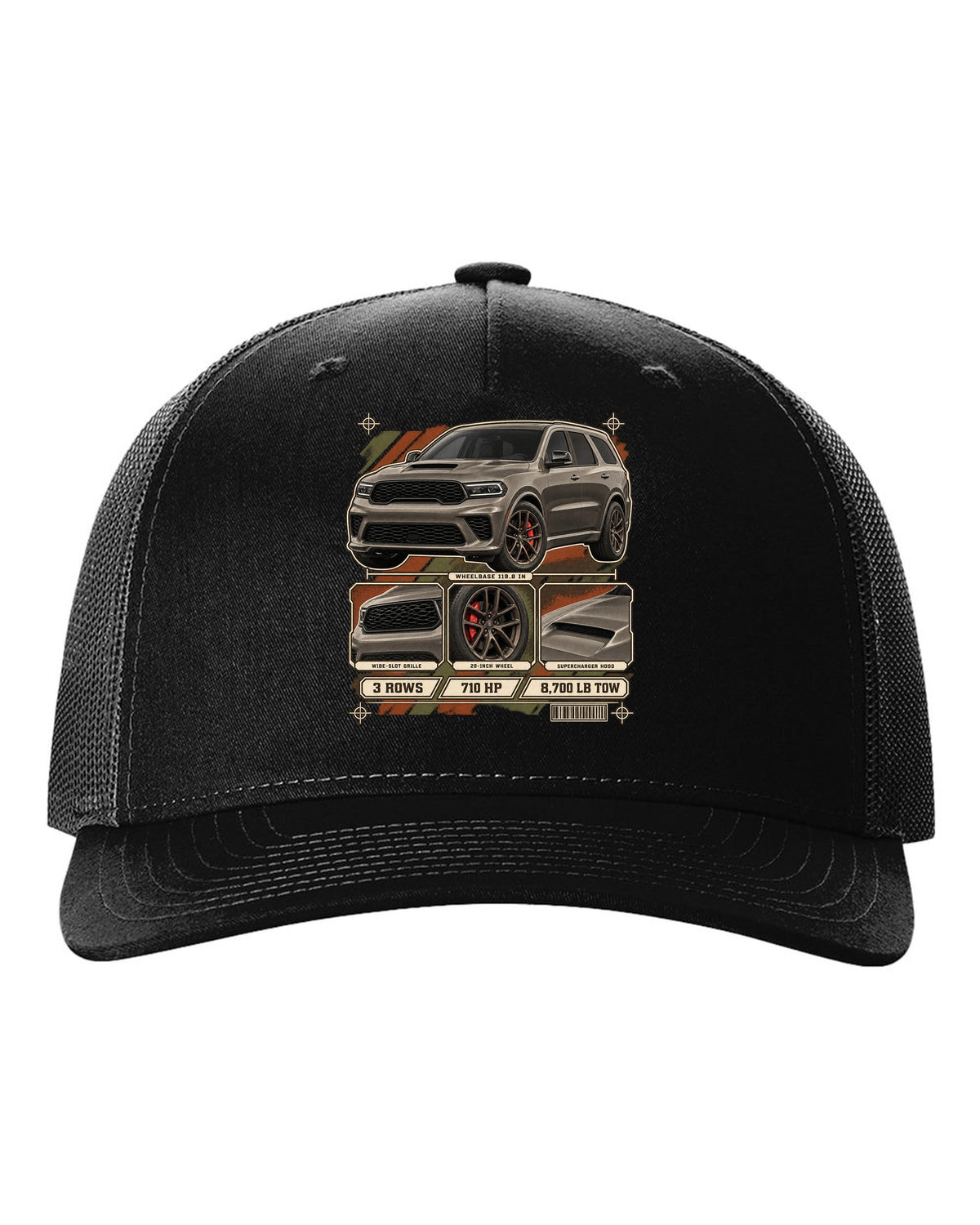 print of a 2021 Dodge Durango SRT Hellcat with spec dossier panels black hat front view with the design