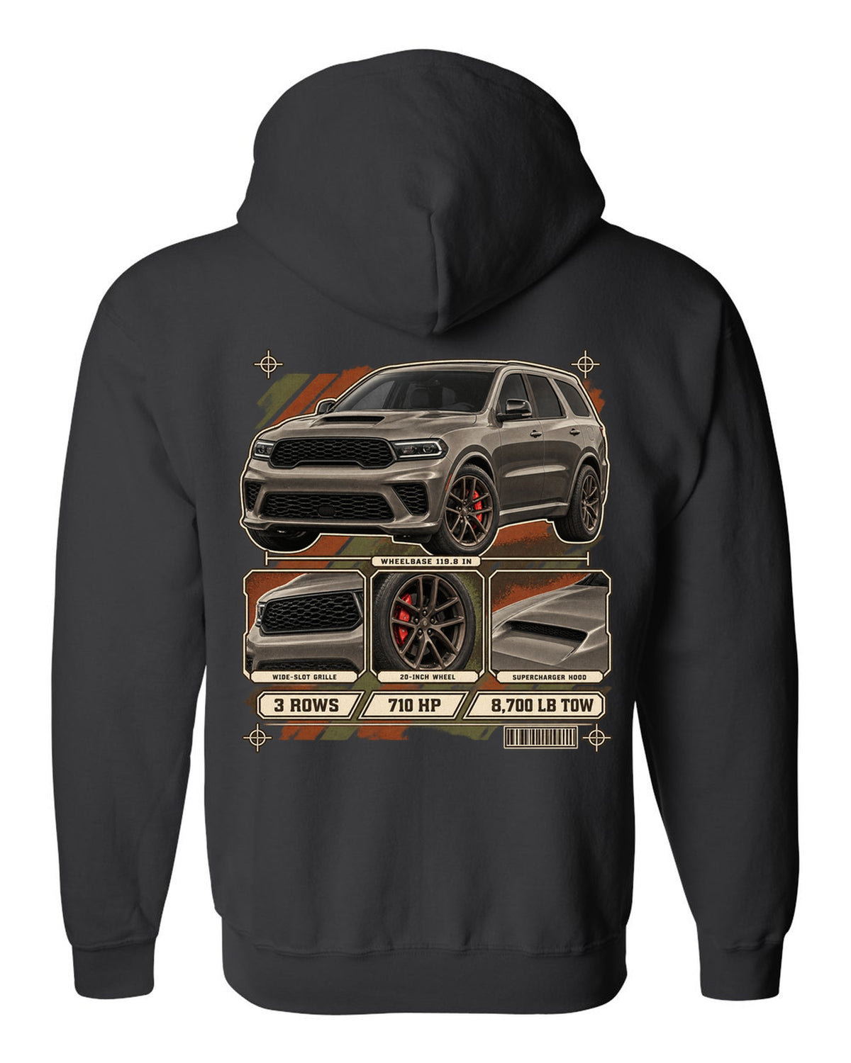 print of a 2021 Dodge Durango SRT Hellcat with spec dossier panels black zip hoodie back view with the design